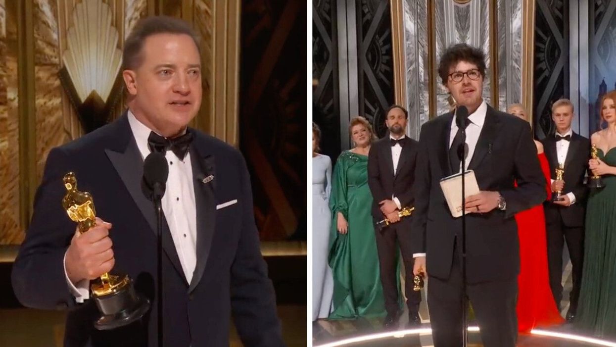 Brendan Fraser at the 2023 Oscars. Right: Director Daniel Roher accepting an award at the Oscars.
