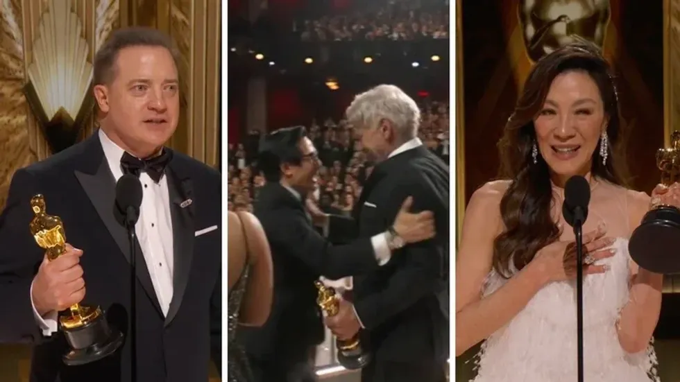 Brendan Fraser holds his Best Actor Oscar. Middle: Ke Huy Quan hugs Harrison Ford. Right: Michelle Yeoh celebrates her Oscar for Everything Everywhere All At Once.