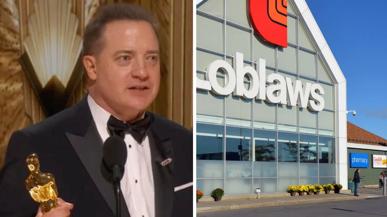 Brendan Fraser holds his Best Actor Oscar. Right: A Loblaws store.