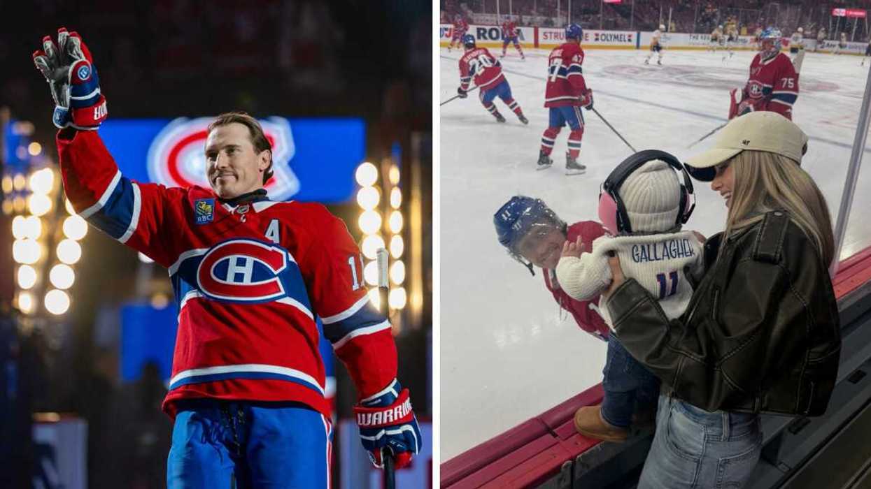 Brendan Gallagher dans l'uniforme du Canadien de Montréal. Droite : Brendan Gallagher, son bébé et sa femme, Emma.