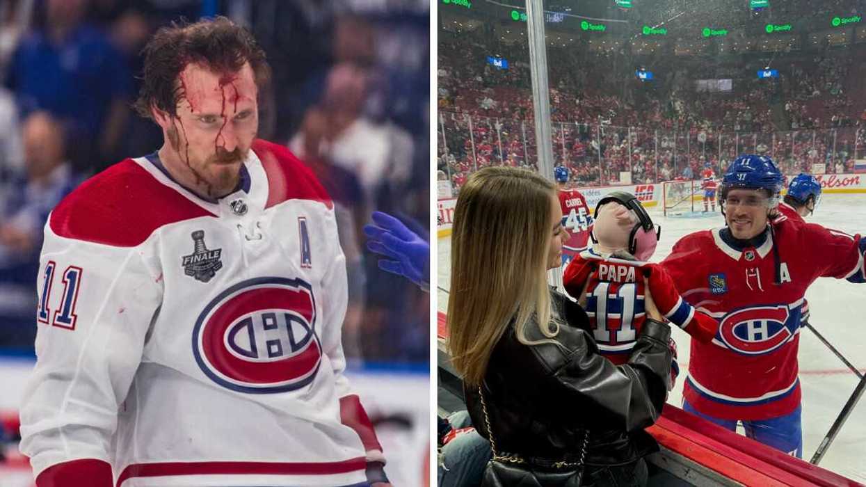 Brendan Gallagher lors des séries éliminatoires 2021. Droite : Emma Fortin, Brendan Gallagher et leur fille Everly.