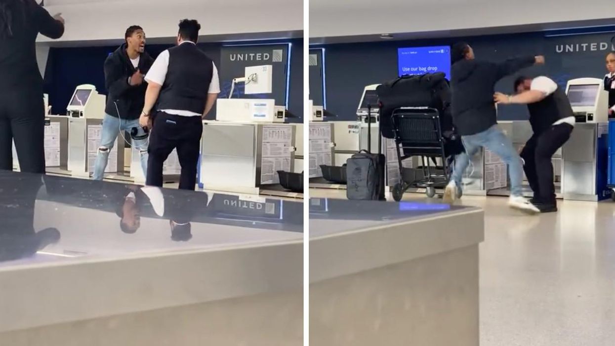Brendan Langley and a United employee fighting. Right: Brendan Langley and a United employee fighting.