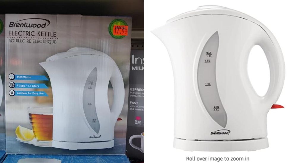 Brentwood Electric Kettle pictured at Price War. Right: Brentwood Electric Kettle on Amazon.
