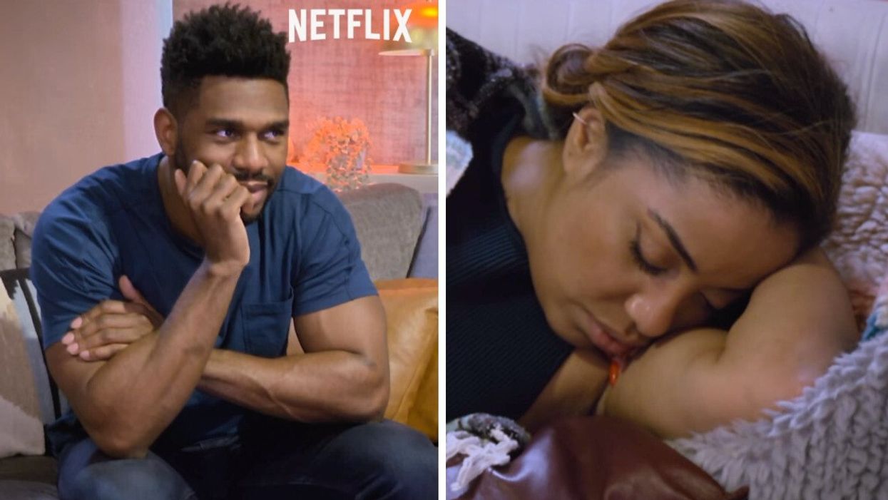 Brett during his pod date with Tiffany on 'Love Is Blind.' Right: Tiffany falling asleep during her date with Brett on 'Love Is Blind.'