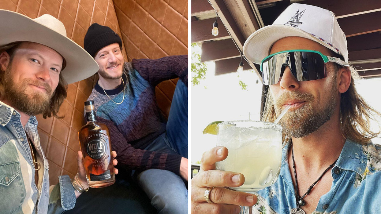 Brian Kelley and Tyler Hubbard holding up a bottle of Wolf Moon Bourbon. Right: Brian Kelley drinking a margarita.