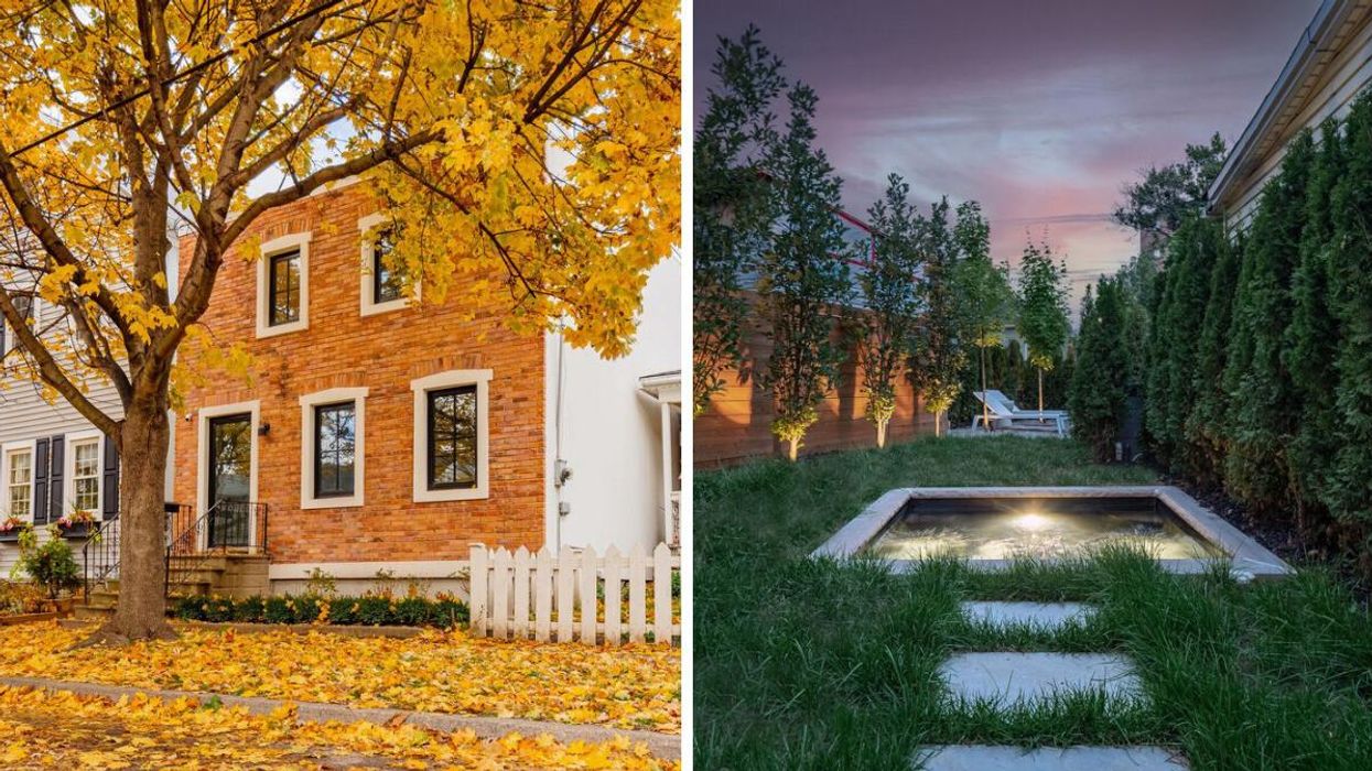 Brick home surrounded by fall leaves. Right: In-ground hot tub.