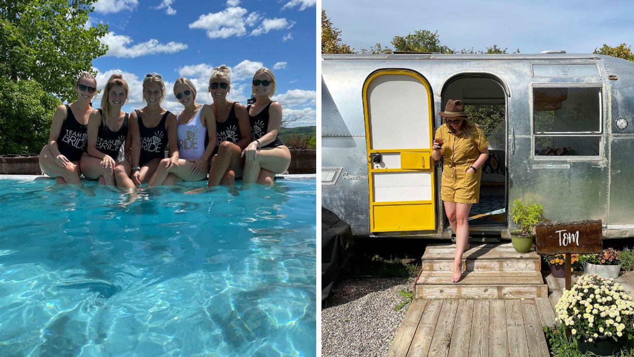 Bride and bridesmaids poolside with matching swimsuits. Right: Drinking wine at a vineyard airstream stay.