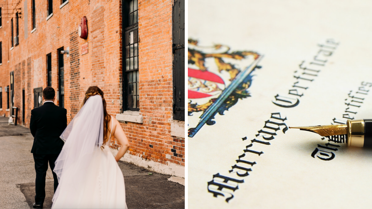 Bride and groom first look. Right: Marriage certificate.