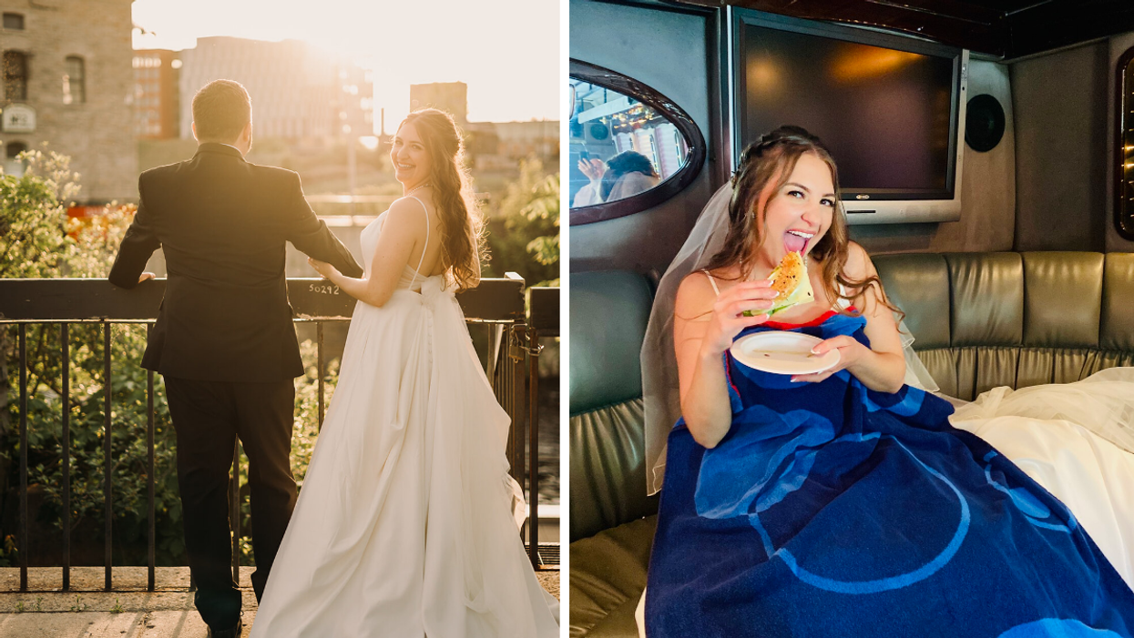 Bride and groom portrait during golden hour. Right: Bride eating a Kettleman's sandwich covered in a blanket.
