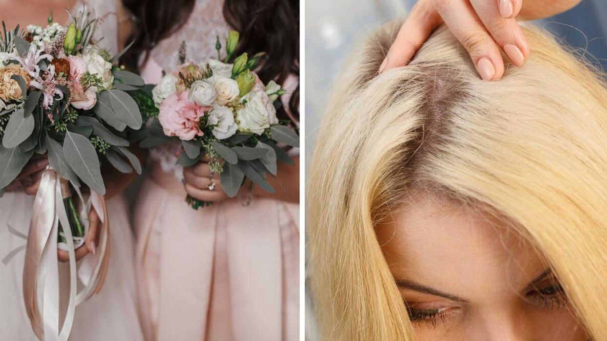 Bridesmaids. Right: A woman's roots are showing in her dyed hair.