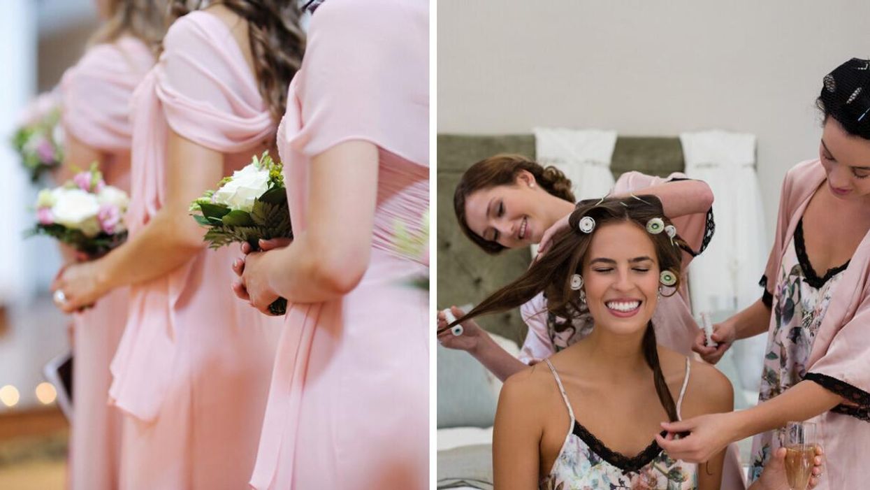 Bridesmaids with bouquets. Right: A bride getting ready with her bridesmaids.