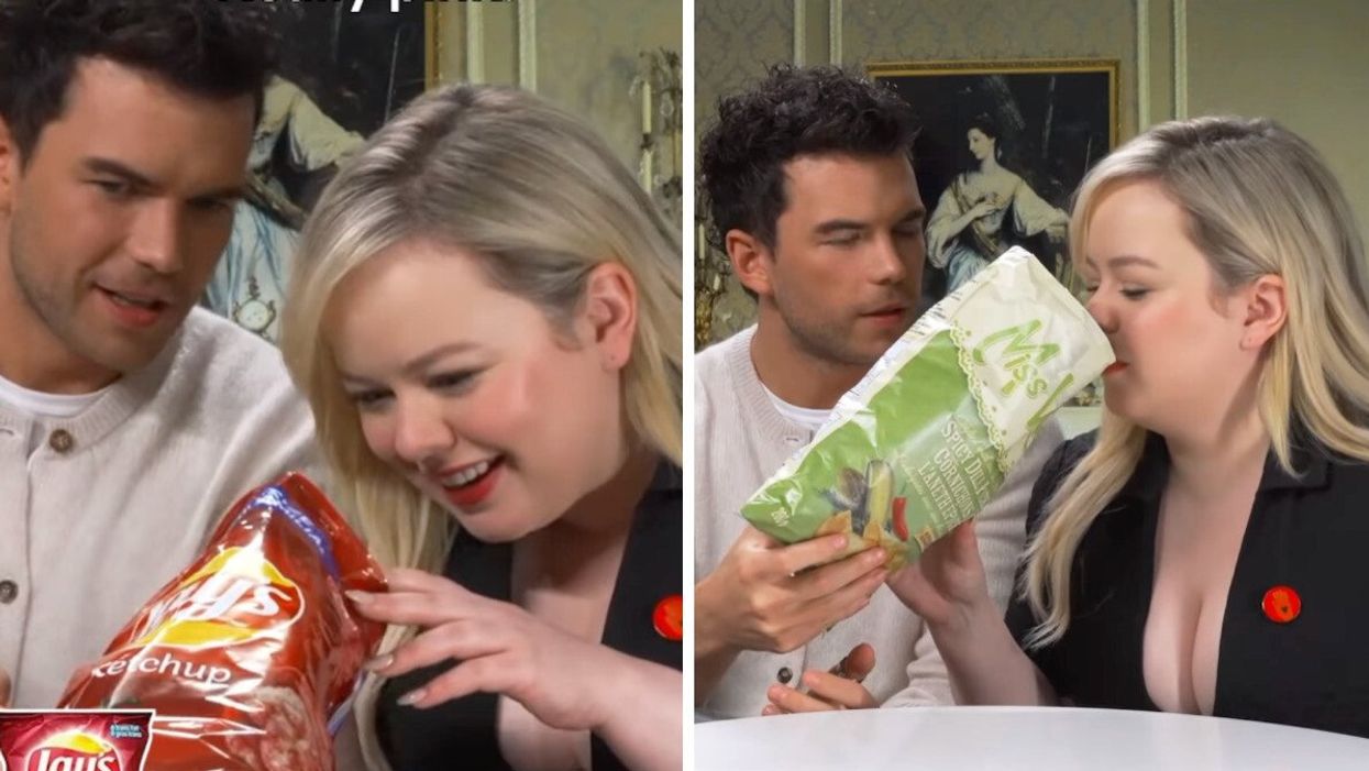 Brigerton stars Nicola Coughlan and Luke Newton trying Canadian snacks.