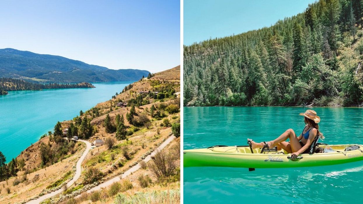 Bright blue-green lake with mountains on both sides. Right: Someone pedals a kayak in a turquoise-water lake.