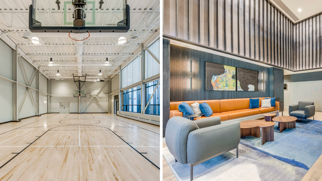 Bright indoor basketball court with high ceilings and hardwood floors, Right: Modern lounge area with colourful seating, abstract art, and contemporary decor