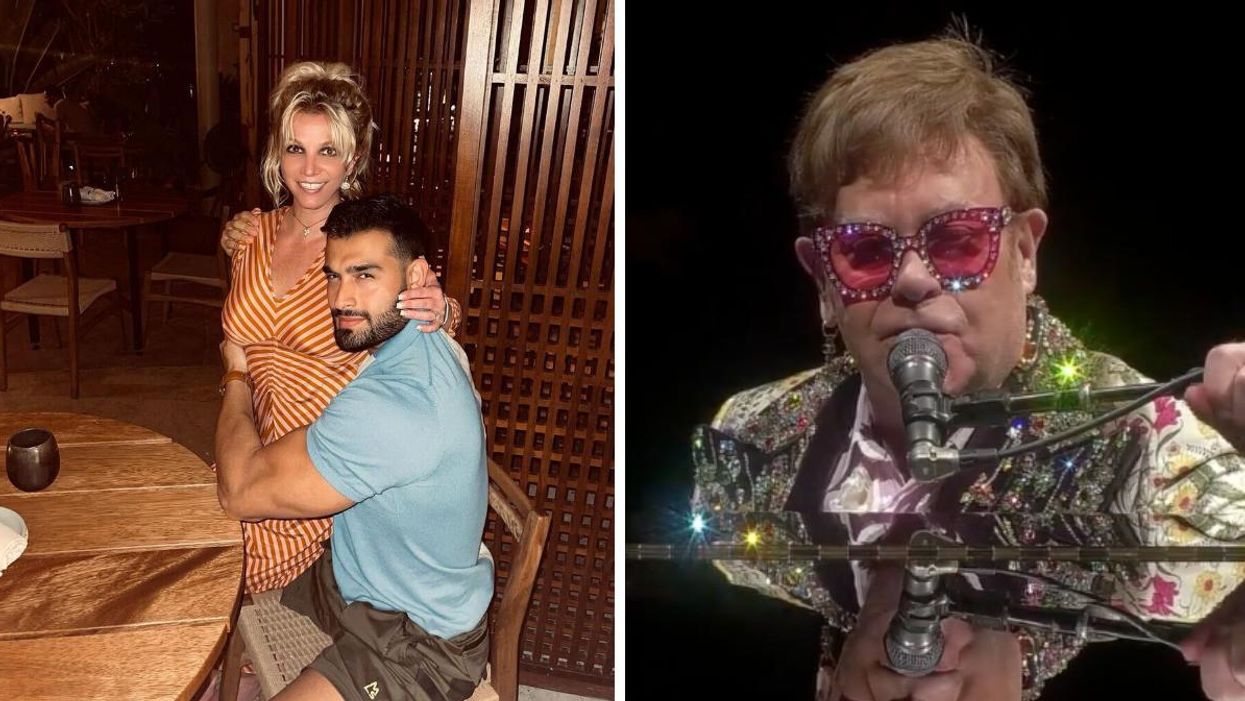 Britney Spears and husband Sam Asghari. Right: Elton John.