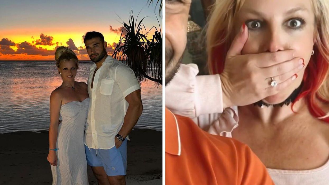 Britney Spears and Sam Asghari hugging at a beach. Right: Britney Spears showing off her engagement ring.