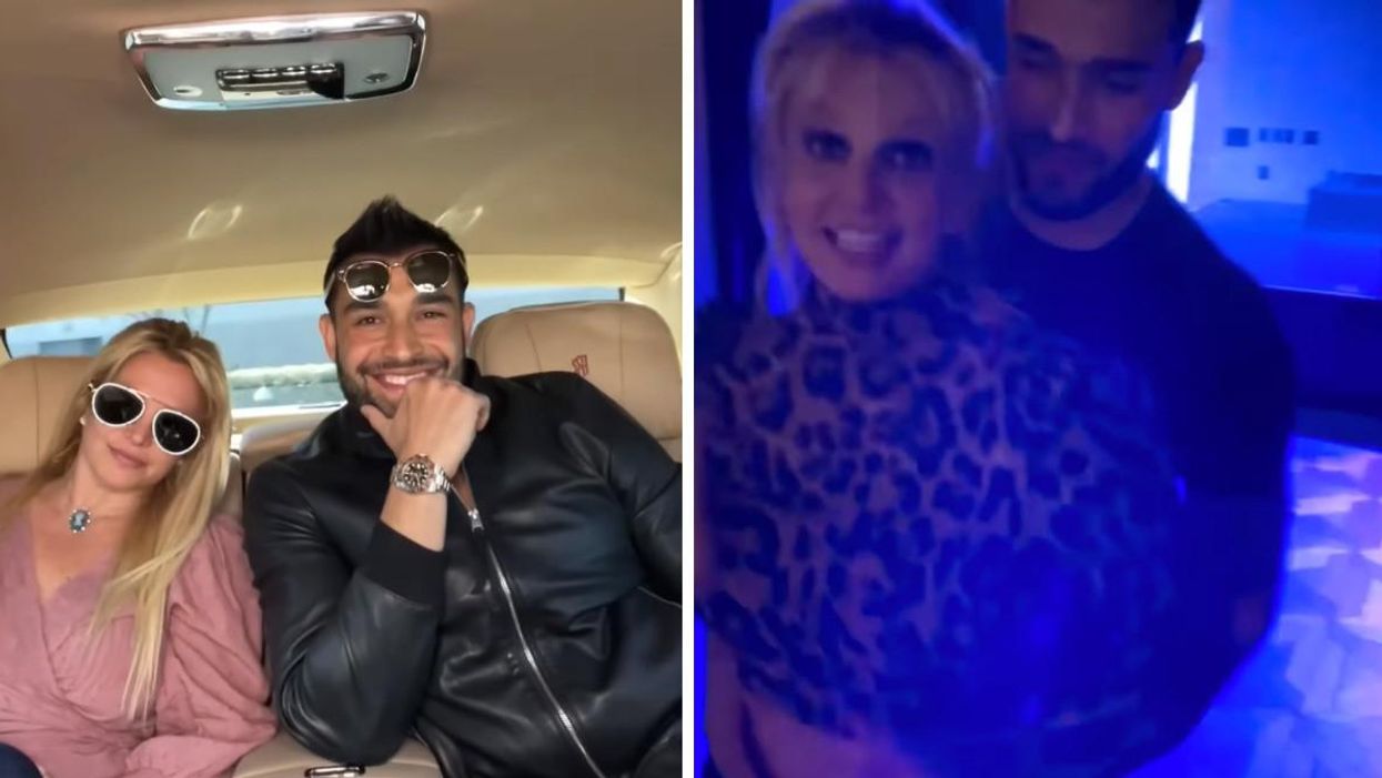 Britney Spears and Sam Asghari in a car. Right: Britney Spears and Sam Asghari dancing.