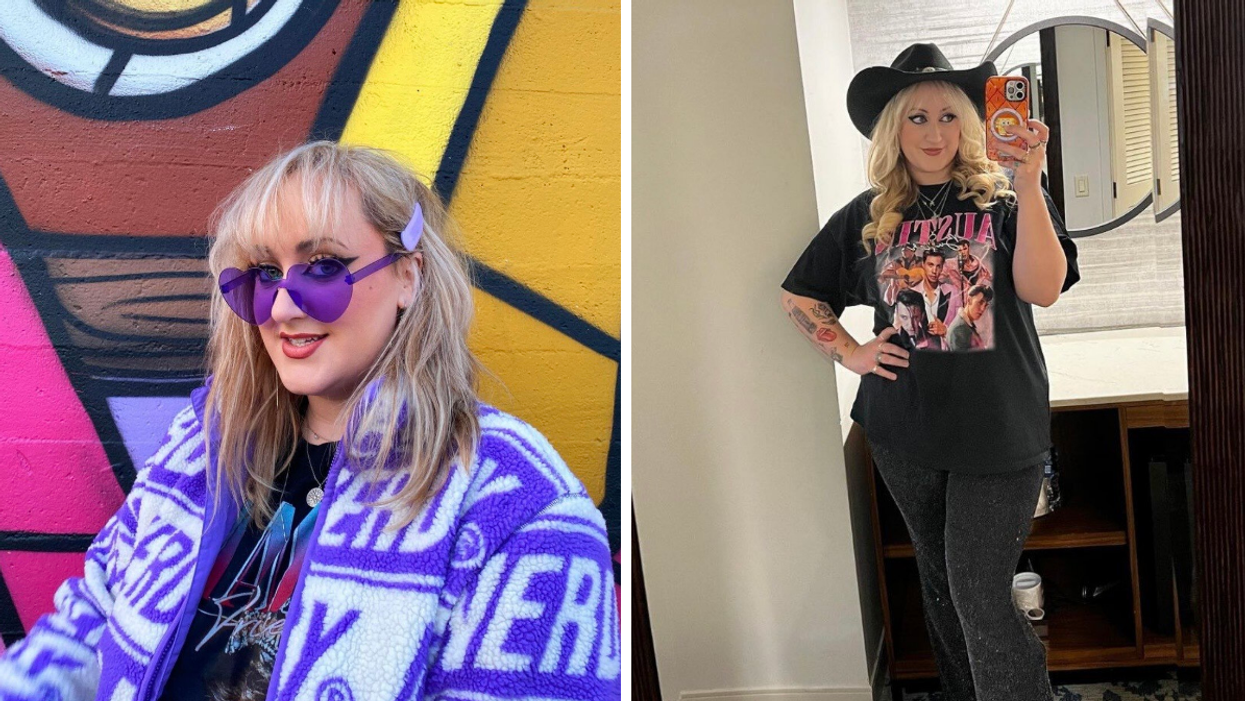 Brittany Broski in purple sunglasses. Right: Broski wearing a cowboy hat.