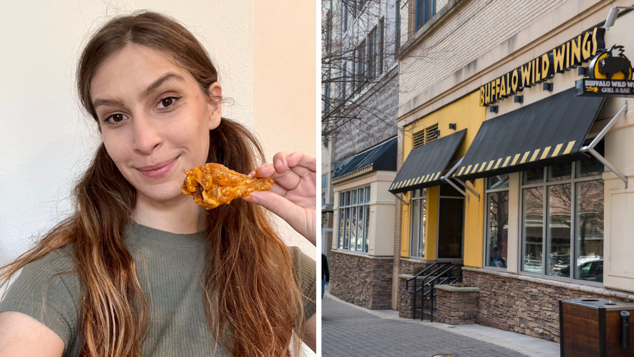 Brittany Cristiano holding a chicken wing. Right: An exterior of a Buffalo Wild Wings.