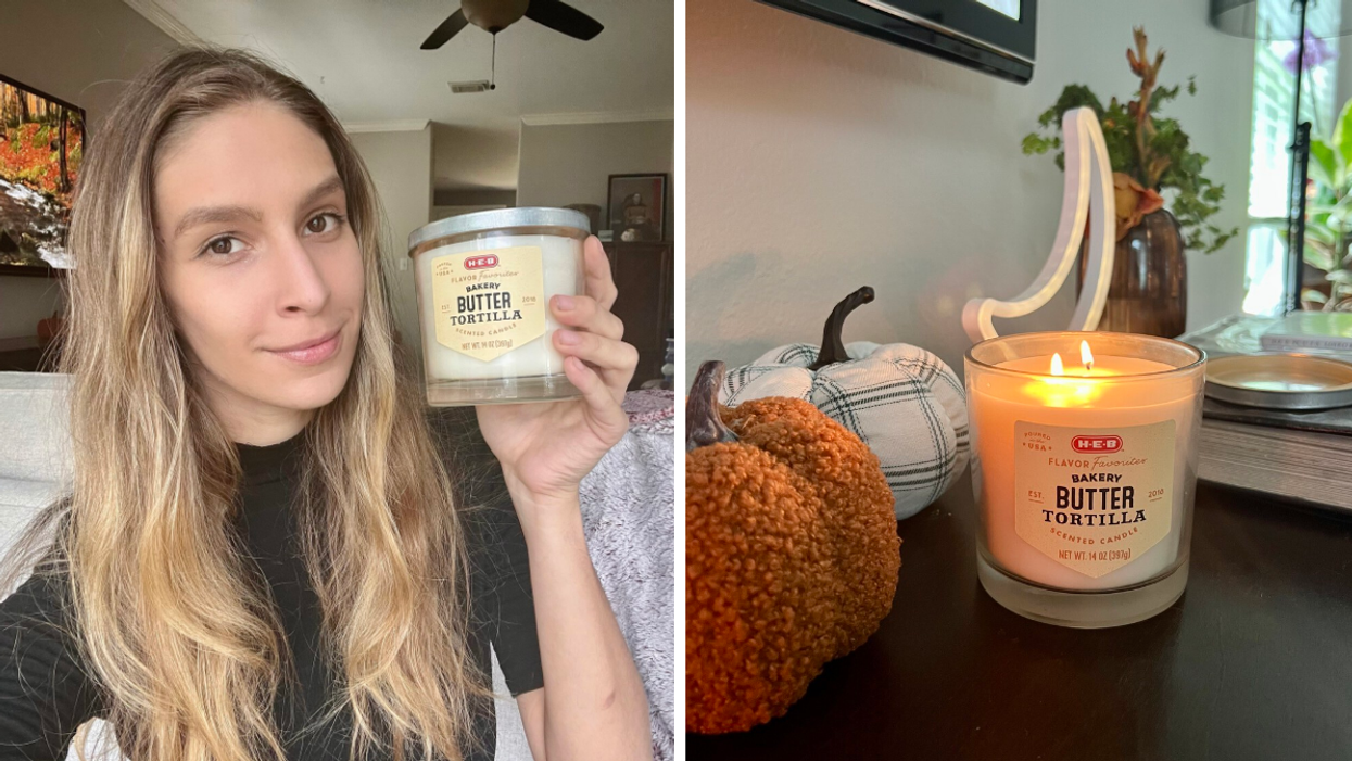 Brittany Cristiano holding the Butter Tortilla Candle. Right: The candle burning.