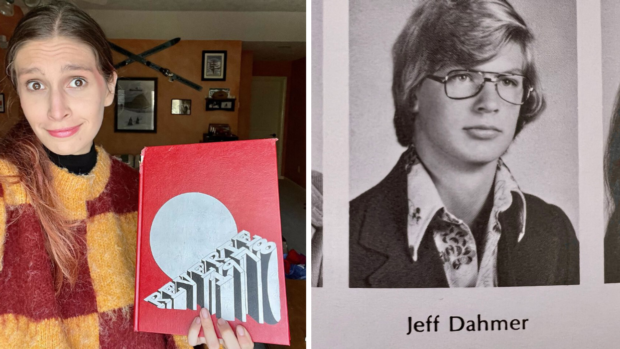 Brittany Cristiano holding the Revere High School 1978 yearbook. Right: Jeffrey Dahmer's 1978 Revere High School yearbook photo.