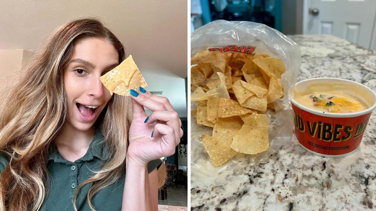 Brittany Cristiano holds a chip. Right: The chips and queso from Fuzzy's Taco Shop.