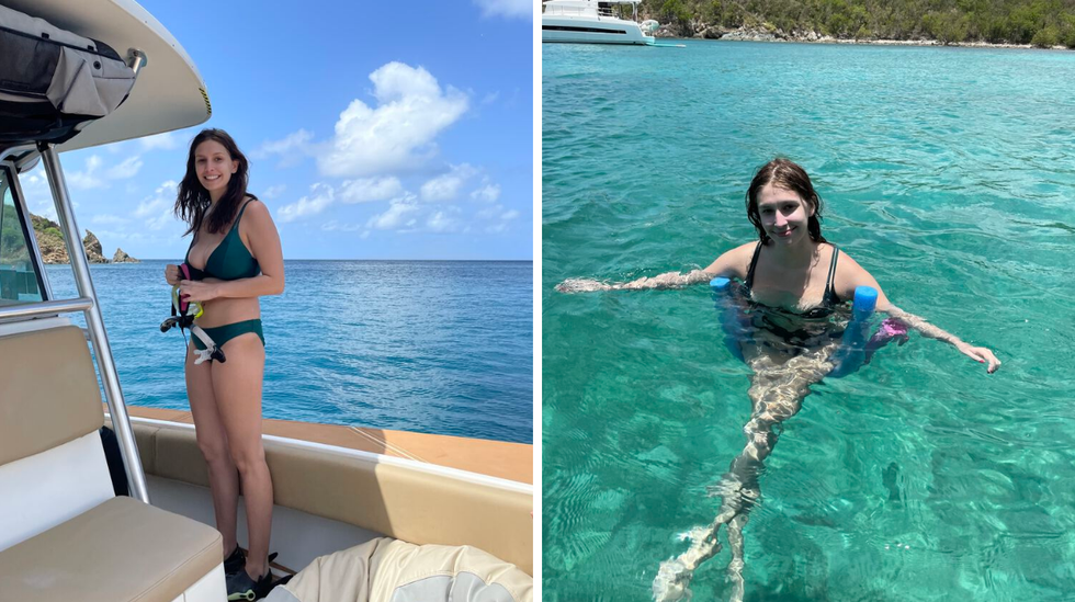 Brittany Cristiano on a boat in St. John. Right: Cristiano in the ocean in. St. John.