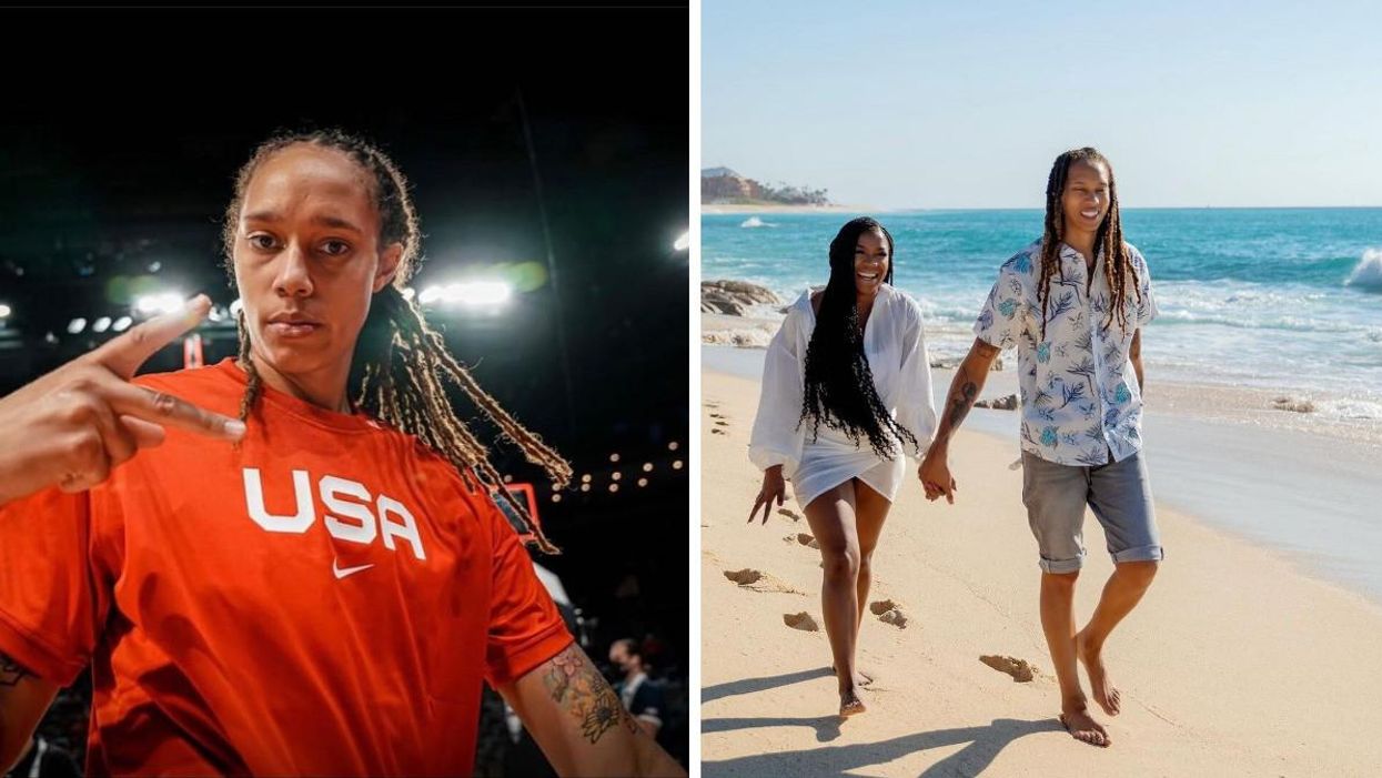 Brittney Griner wearing a USA t-shirt. Right: Brittney Griner on the beach with her wife Cherelle Griner.
