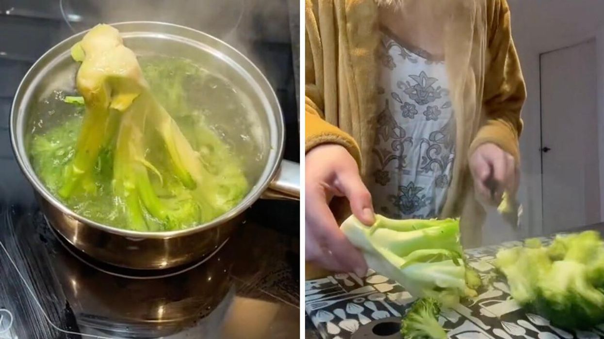 Broccoli boiling in a pot. Right: TikToker chopping the broccoli.