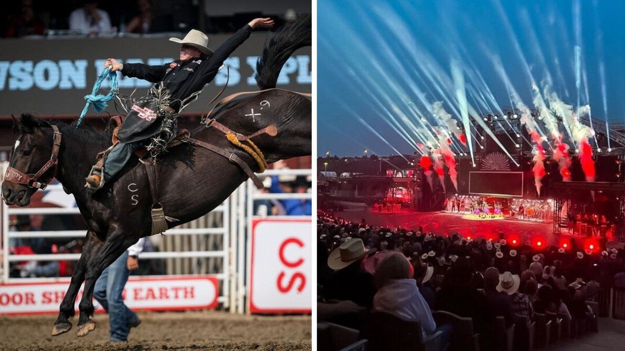 Bronco riding at the Calgary Stampede. Right: Dazzling lights at the Calgary Stampede Night Show.