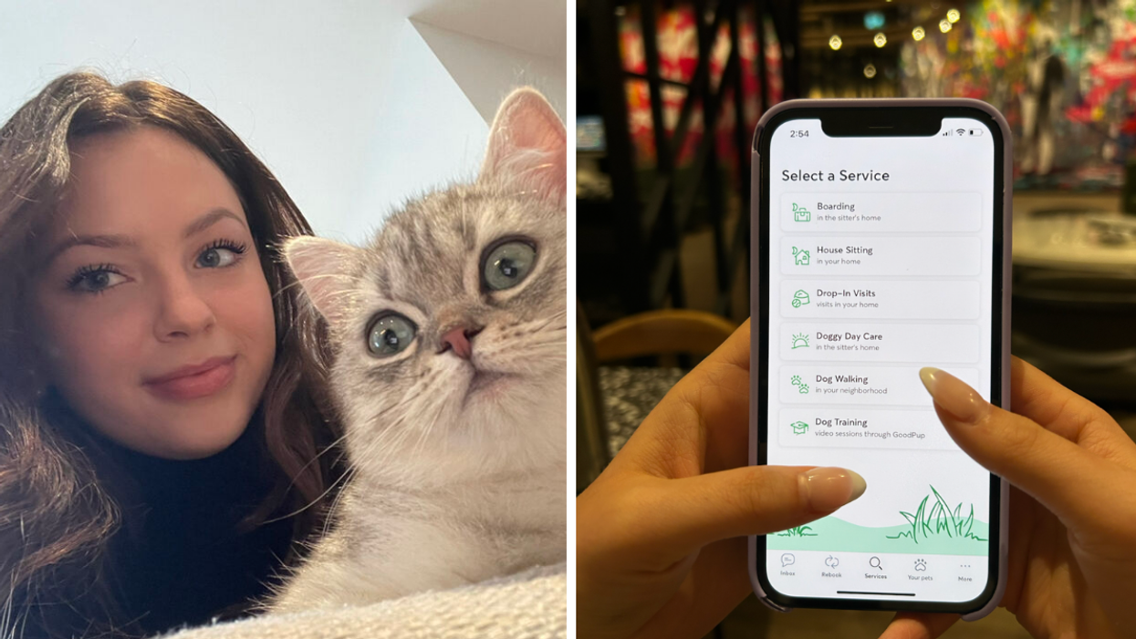Brooke Houghton and her cat Wila. Right: The Rover app on an iphone.