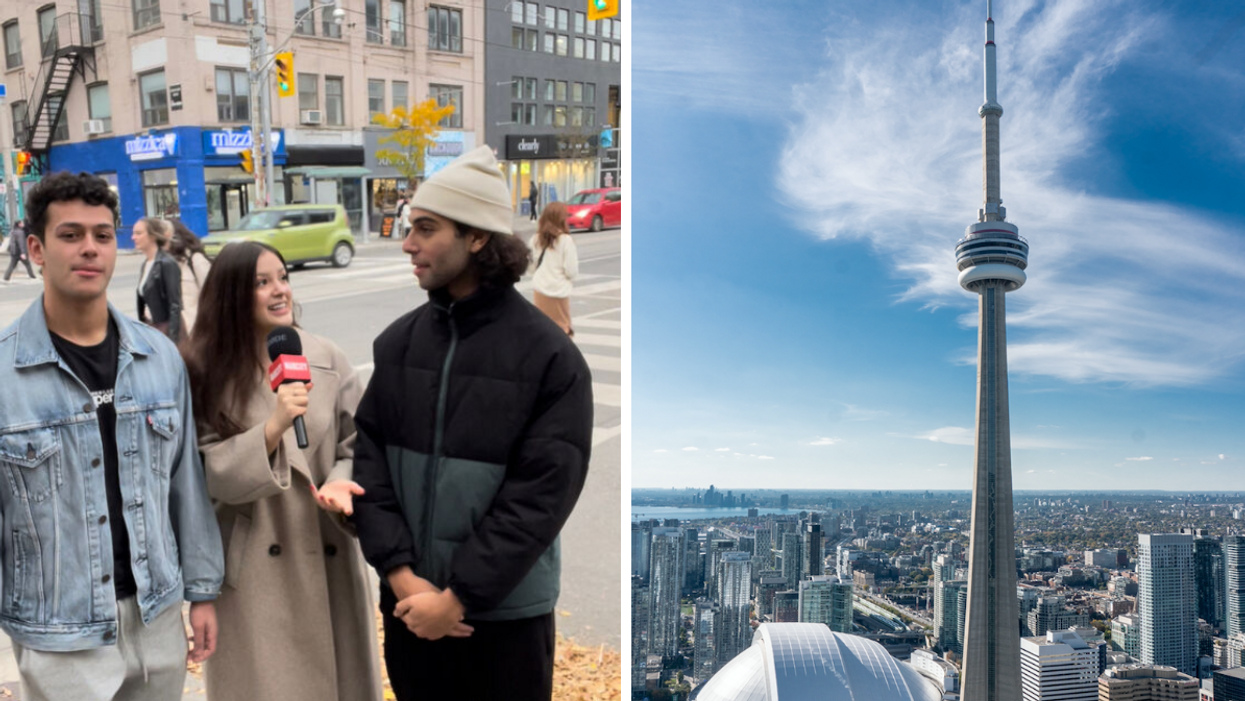Brooke Houghton and interview subjects. Right: CN tower.