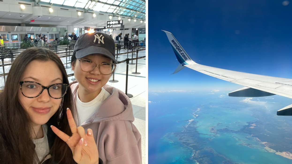Brooke Houghton and Natalie Min at Toronto Pearson Airport. Right: Window view of a WestJet Flight.