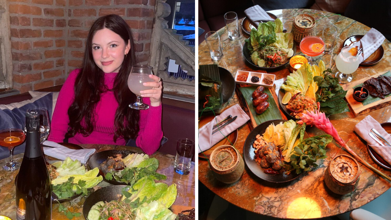 Brooke Houghton at Lao Lao Bar. Right: A spread of food at Lao Lao Bar.