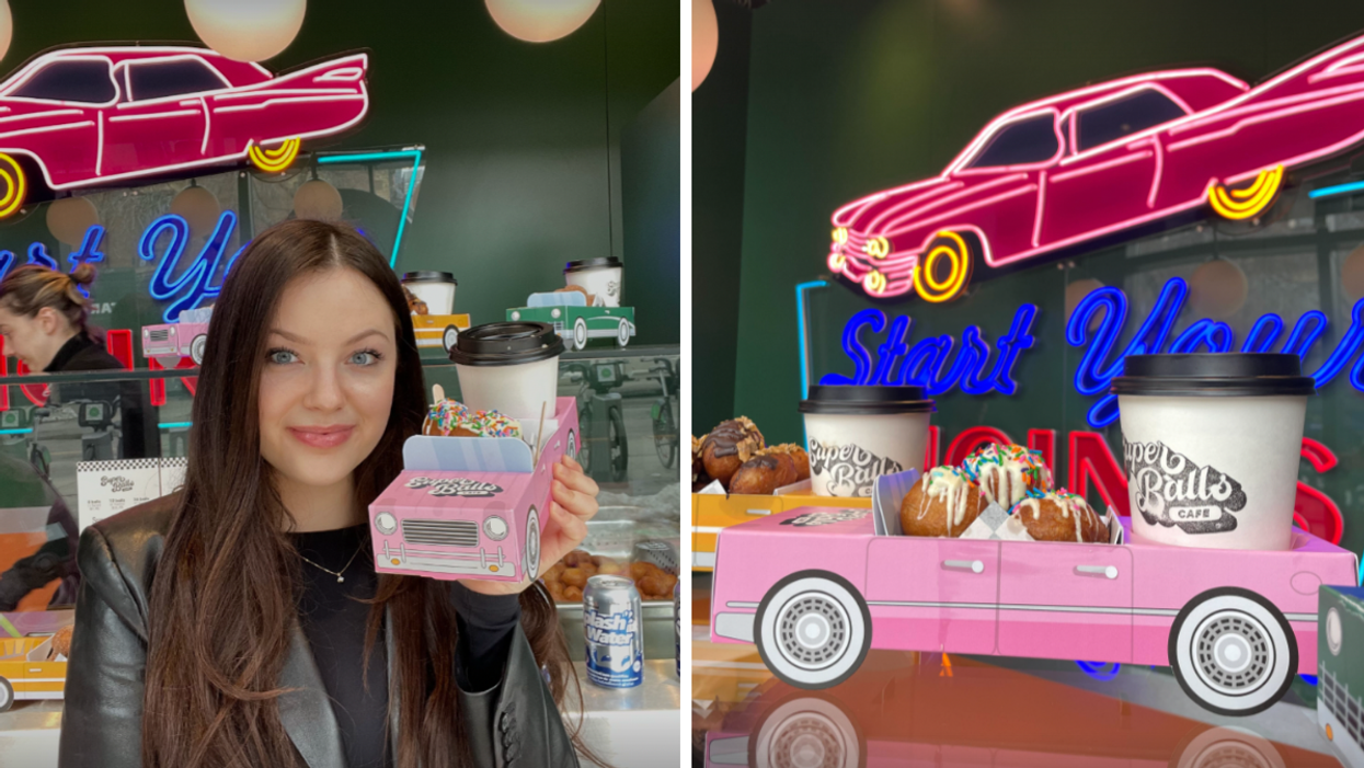 Brooke Houghton at Superballs Cafe. Right: A donut car at Superballs Cafe.
