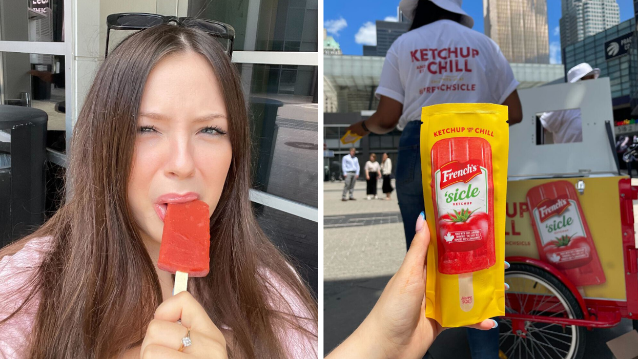 Brooke Houghton eating a French's ketchup popsicle. Right: The ketchup popsicle packaging.