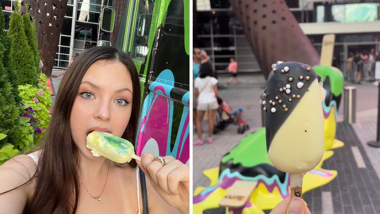 Brooke Houghton eating a Lotto Max Dream Bar. Right: Lotto Max Dream Bar.