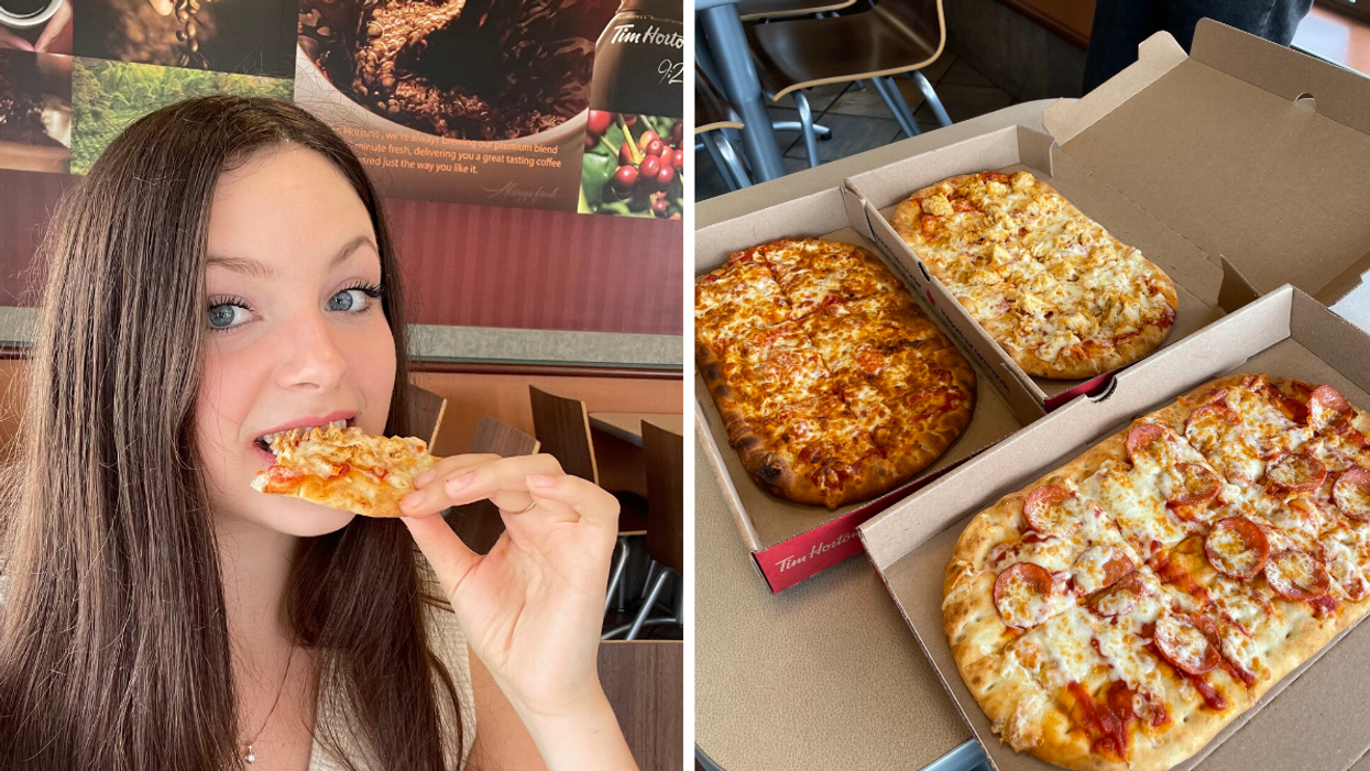 Brooke Houghton eating pizza. Right: Tim Horton's Flatbread Pizza.