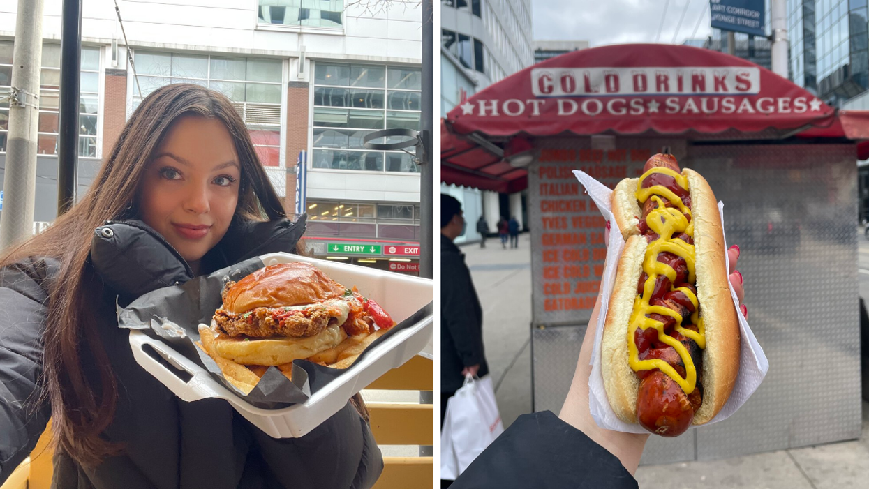 Brooke Houghton holding a chicken sandwich. Right: A hot dog.
