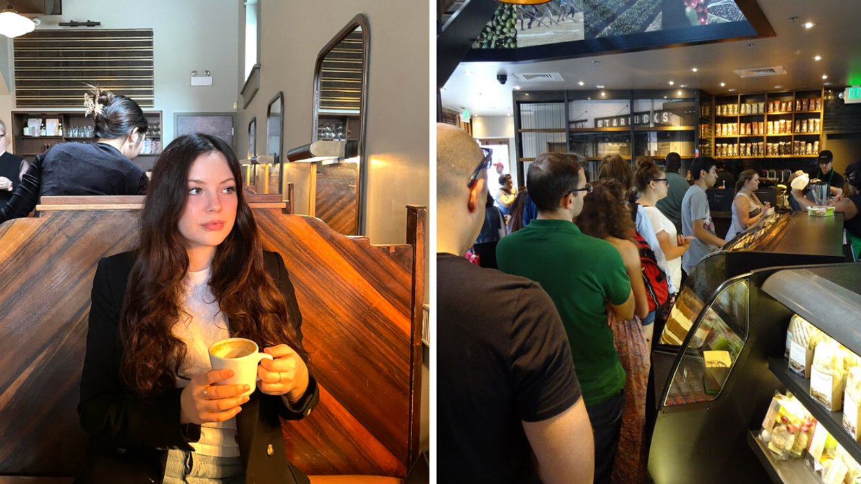 Brooke Houghton holding a coffee. Right: A line up for people waiting for coffee.