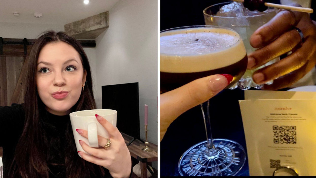 Brooke Houghton holding a mug. Right: Two people holding drinks.