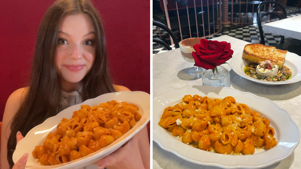 Brooke Houghton holding a pasta dish. Right: A three course meal from PIANO PIANO.