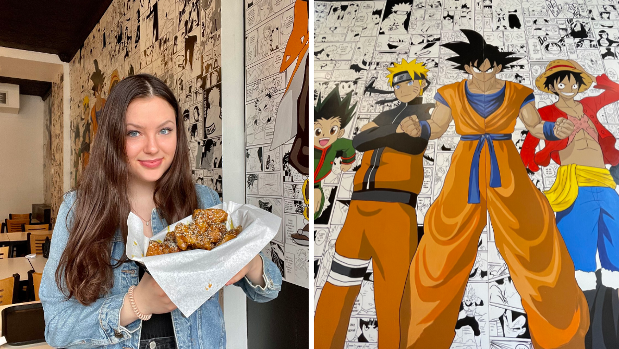 Brooke Houghton holding wings. Right: Mural at Crave Wings.