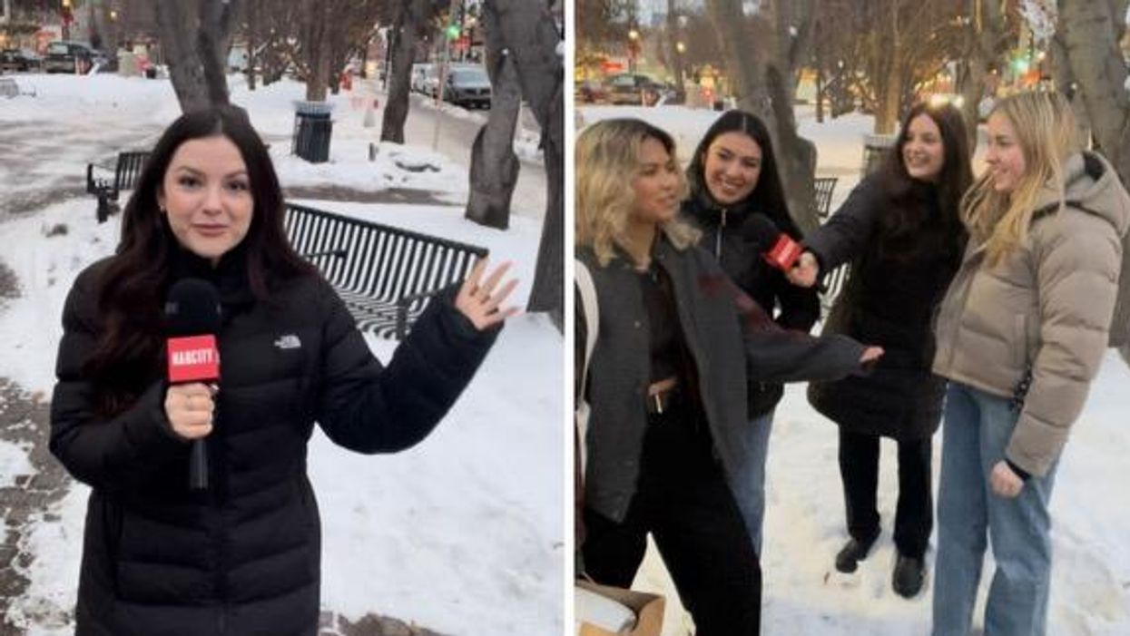 Brooke Houghton in Calgary. Right: Brooke Houghton talking to locals.