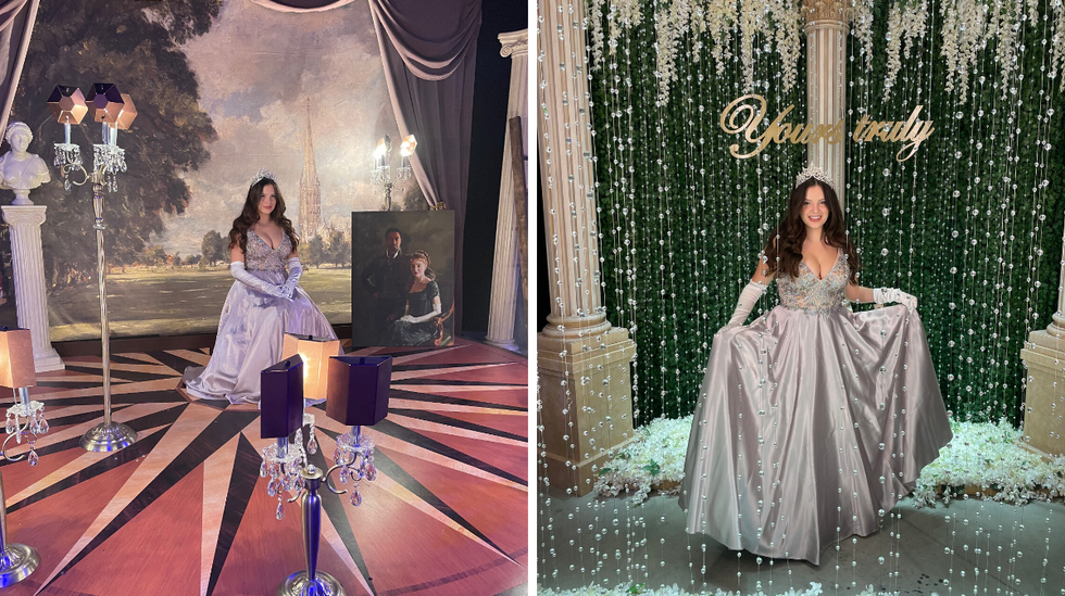 Brooke Houghton posing at various photo stations at the Bridgerton Experience.