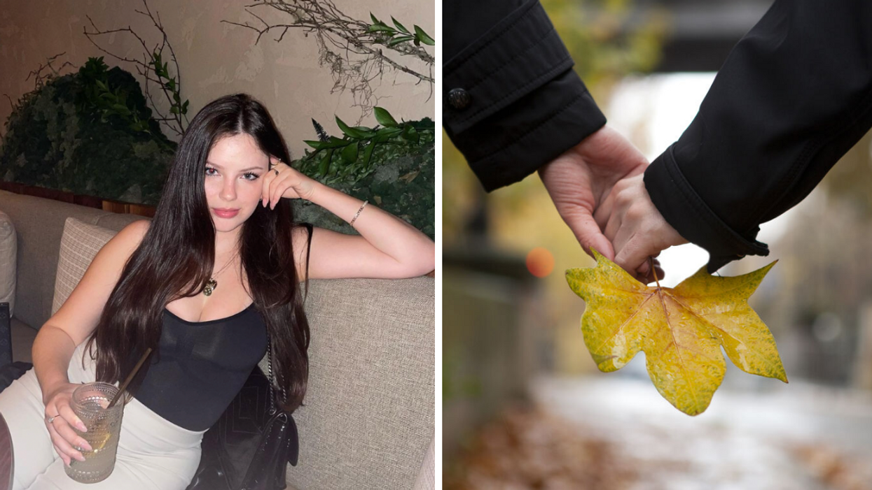 Brooke Houghton. Right: A couple holding a leaf.