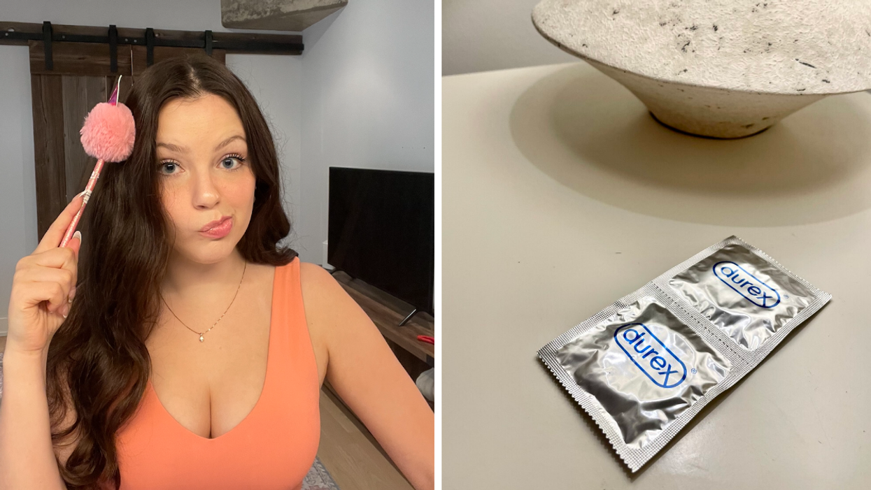 Brooke Houghton. Right: Condoms on nightstand.