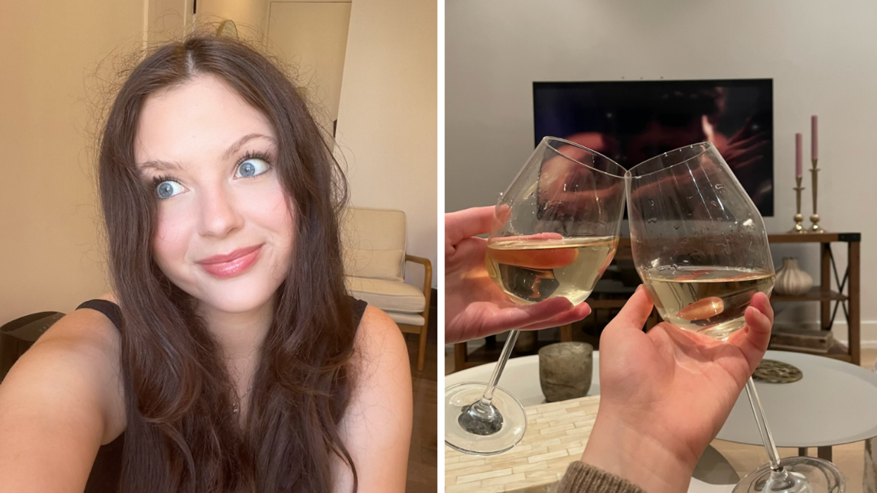 Brooke Houghton. Right: Two roommates cheersing wine glasses on the couch.