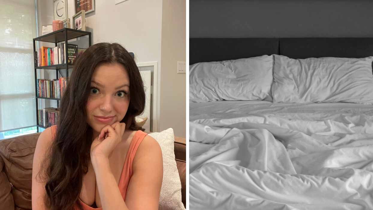 Brooke Houghton. Right: Unmade bed.