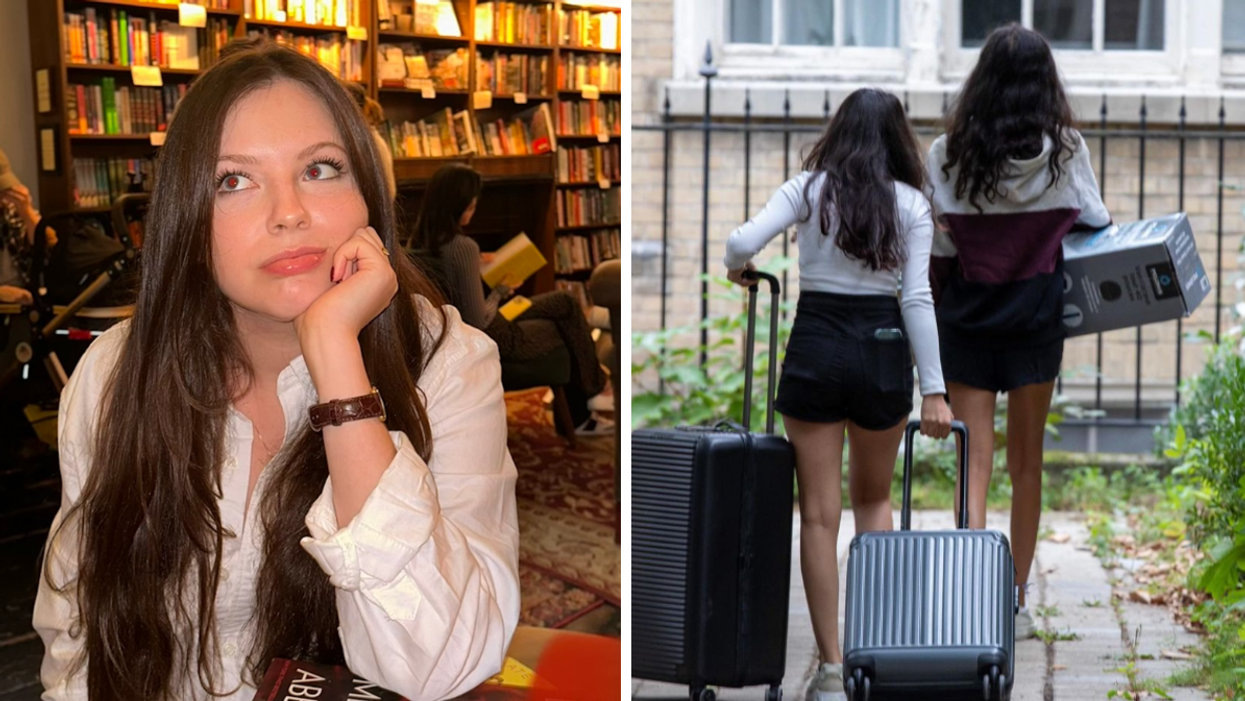 Brooke Houghton siting in a book store. Right: Two students carry luggage at University Of Toronto.